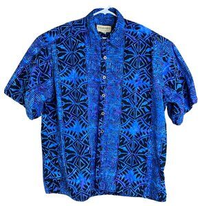 Vintage Johari West Batik Blue & Black 100% Cotton Button-Up Shirt 2XL